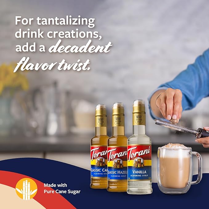 Torani Coffee Syrup, Vanilla, Caramel, and Classic Hazelnut Variety 3-Pack, Flavoring for Drinks, New Easy-Pour Spouts Included, Half-Size Bottles, 12.7 Fl Oz Ea