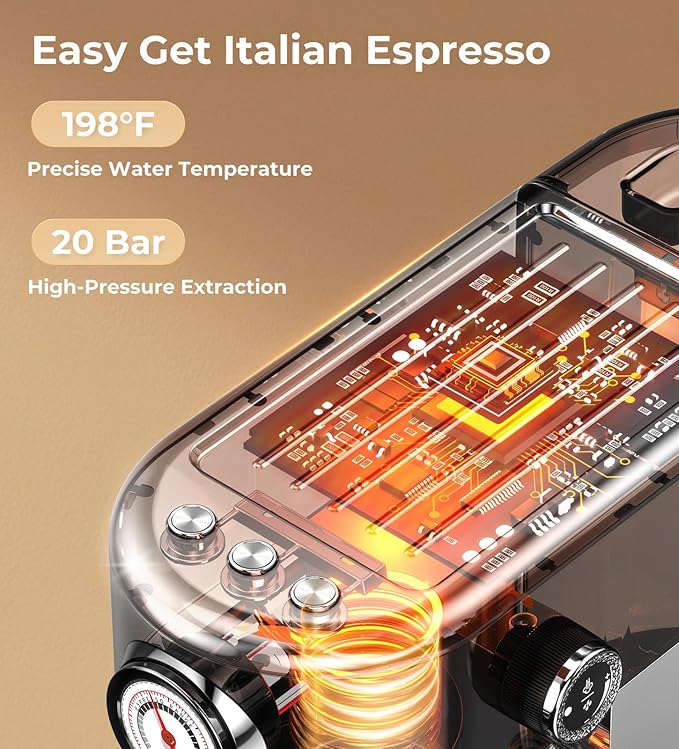 Espresso Machine with Milk Frother, 20 Bar Pressure Espresso Maker, with 44OZ Removable Tank, Compact Stainless Steel Coffee Machine for Home, Office, Latte, Cappuccino, Macchiato, Silver