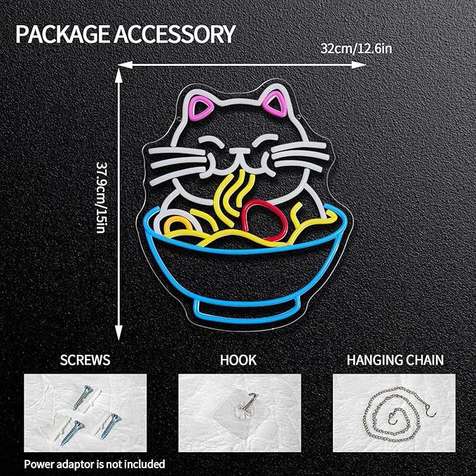 Fortune Cat Ramen Neon Sign Dimmable Lucky Cat Neon Light Sign for Wall Decor Japanese Noodles Led Signs for Home Kitchen Restaurant Bar Party Business Decor Gift 12.6" x 15"