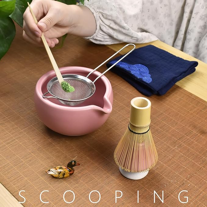 Artcome 7 Pcs Complete Matcha Ceremony Kit for Tea Ceremony, Bowl with Pouring Spout, Whisk, Tea Scoop, Matcha Powder Strainer, Matcha Tea Set For Making Usucha, Koicha and Matcha Latte (Pink)