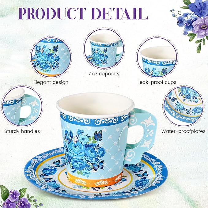 Nuogo 300Pcs Floral Paper Tea Cups and Saucers 7 OZ Disposable Tea Cup with Handle and Plates for Party Supplies Wedding Birthday Baby Shower Bridal Mother's Day, Serve 150 Guest(Elegant Color)
