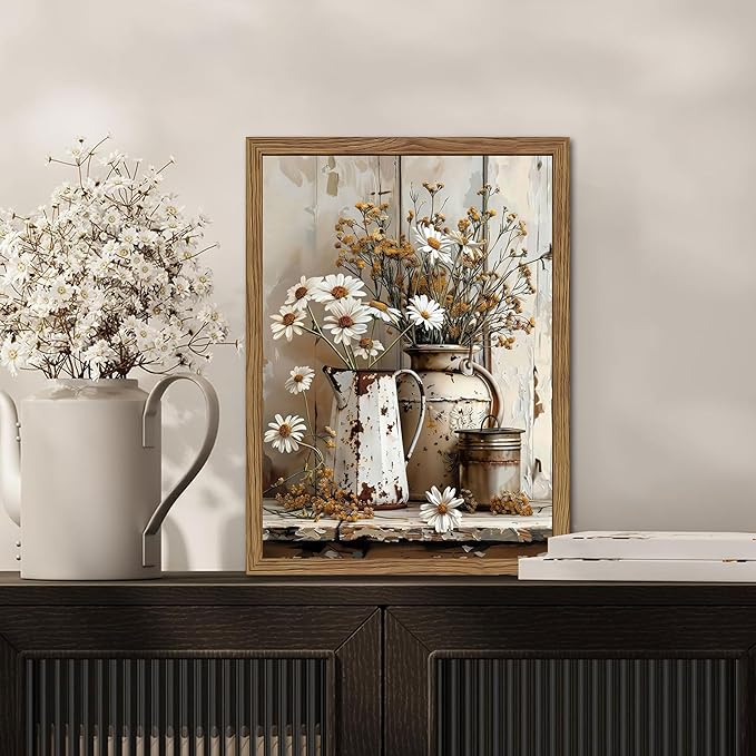 Country Wall Art, Farmhouse Pictures Wall Decor, Rustic Daisy Canvas Prints, Rusty Watering Can Art Paintings, Vintage Floral Artwork for Living Room Hallway Kitchen Bathroom Decor, Framed 12x16 In