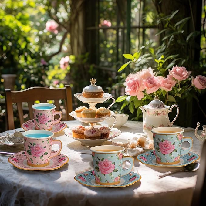 Umigy 36 Sets Tea Party Decorations 9 oz Floral Paper Tea Cups with Handle and Plates Disposable Blossom Teacups and Saucers Sets for Girls Kids Birthday Garden Wedding Party Supplies(Blue Pink)