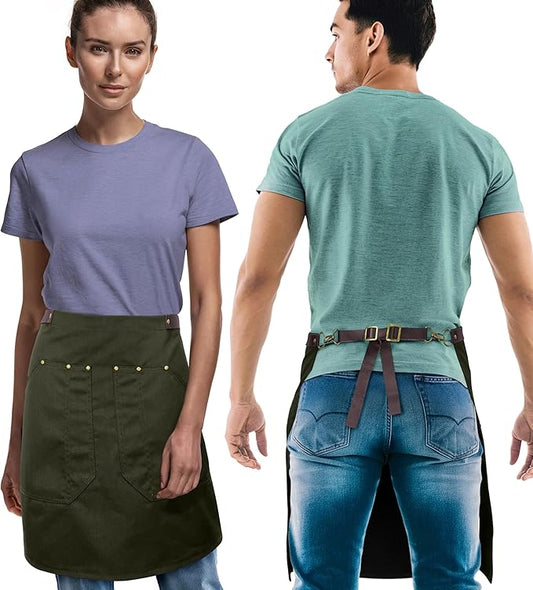 Under NY Sky Half Barista Apron - Brown Leather Strap - Riveted Pockets - Double Stiched - Leather Loop - Professional Twill - Bistro, Restaurant, Waiter, Bartender, Server - Green Half Waist Apron