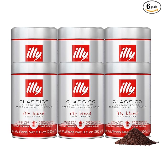 illy Ground Moka Coffee, Classico Medium Roast, 100% Arabica, Premium Italian Coffee, Pre-Ground for Moka Pot or Stovetop Brewing, 8.8oz, 6 Pack