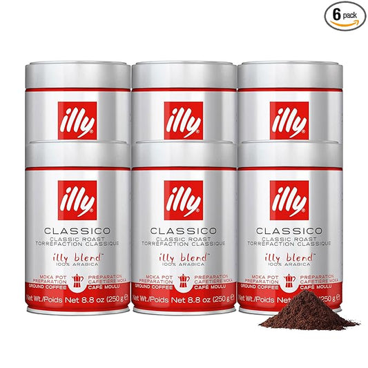 illy Ground Moka Coffee, Classico Medium Roast, 100% Arabica, Premium Italian Coffee, Pre-Ground for Moka Pot or Stovetop Brewing, 8.8oz, 6 Pack