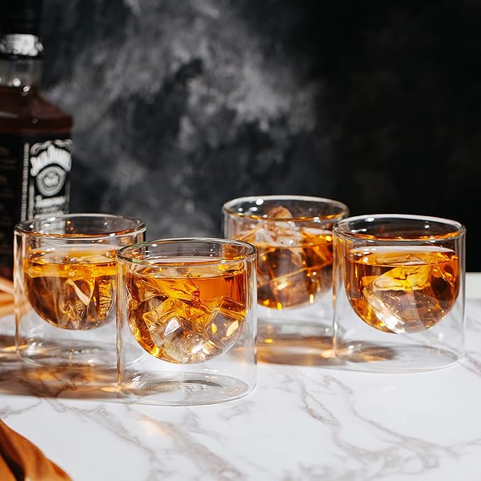 BTaT- Double Walled Drinking Glass, 4 Pack, 5 oz, Insulated Glass for Hot and Cold Beverages, Espresso, Cappuccino, Whiskey, Bourbon, Vodka and Scotch