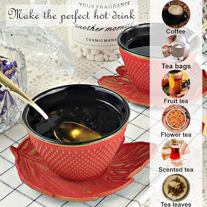 4pc Japanese Tea Cups Set. Red and Gold Cast Iron Tea Cup Set, 2 Tea Cups and Saucers. 4oz Teacup Set For Any Japanese Tea Set or Teapot.