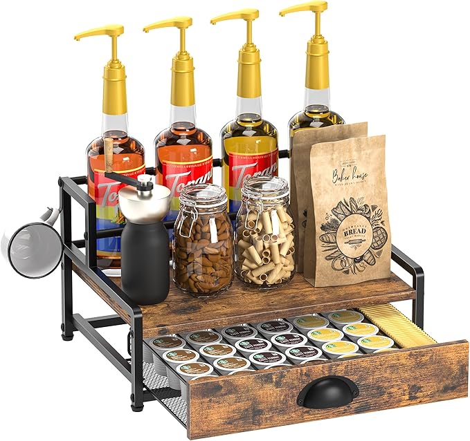 Coffee Syrup Rack Organizer, 3 Tier Countertop Storage Shelves with 35 K Cup Drawer, 8 Syrup Bottle Stand Holder for Wine, Kitchen Coffee Station Organizer Rack, Rustic Brown
