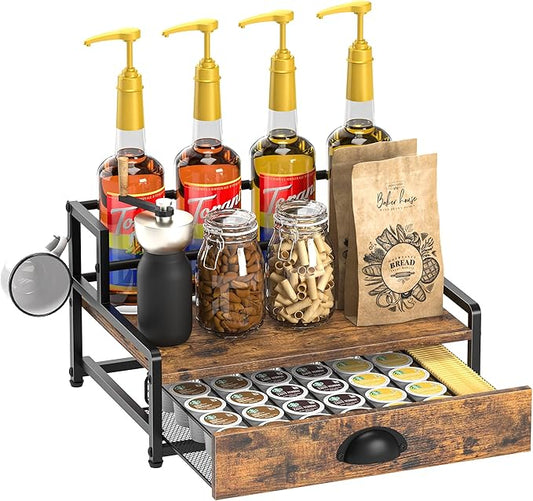 Coffee Syrup Rack Organizer, 3 Tier Countertop Storage Shelves with 35 K Cup Drawer, 8 Syrup Bottle Stand Holder for Wine, Kitchen Coffee Station Organizer Rack, Rustic Brown