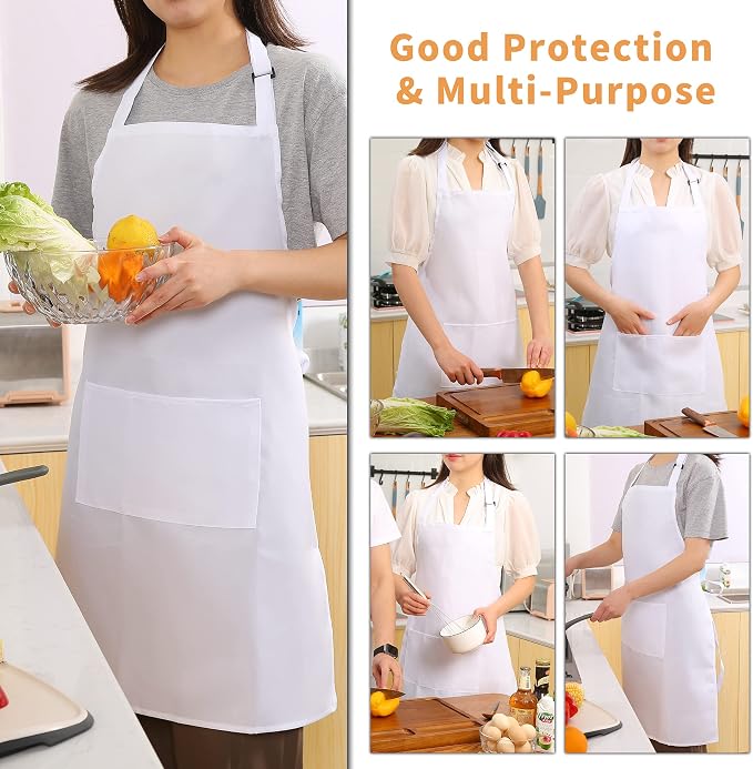 Tosewever 2 Pack Adjustable Bib Apron, Waterdrop Resistant Aprons with 2 Pockets Cooking Kitchen Restaurant Aprons for Women Men Chef, BBQ Drawing Crafting Outdoors (Polyester-White, 2) - Image 5