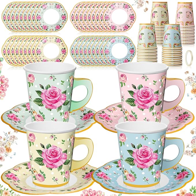 Umigy 36 Sets Tea Party Decorations 9 oz Floral Paper Tea Cups with Handle and Plates Disposable Blossom Teacups and Saucers Sets for Girls Kids Birthday Garden Wedding Party Supplies(Multicolored)
