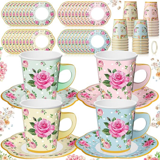 Umigy 36 Sets Tea Party Decorations 9 oz Floral Paper Tea Cups with Handle and Plates Disposable Blossom Teacups and Saucers Sets for Girls Kids Birthday Garden Wedding Party Supplies(Multicolored)