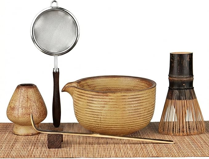 Matcha Whisk Set, 7-Piece Matcha Kit with Ceramic Matcha Bowl, Bamboo Whisk, Scoop & Sifter - Complete Matcha Tea Set Perfect for Beginners & Matcha Lovers (Mottled Yellow)