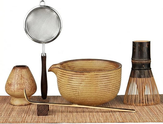 Matcha Whisk Set, 7-Piece Matcha Kit with Ceramic Matcha Bowl, Bamboo Whisk, Scoop & Sifter - Complete Matcha Tea Set Perfect for Beginners & Matcha Lovers (Mottled Yellow)