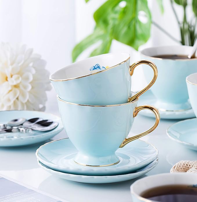 Jusalpha® Fine China Tea Cup and Saucer Coffee Cup Set with Saucer and Spoon Set of 6 (FD-TCS02 blue (6), 7oz)