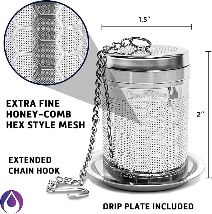 Sou Zen Tea Infuser (Single Pack) | Extra Fine Hex Mesh Loose Leaf Tea Strainer | 304 Stainless Steel Tea Steeper with Extended Chain Hook | Ideal for Brewing Loose Leaf Tea, Herbs & Spices