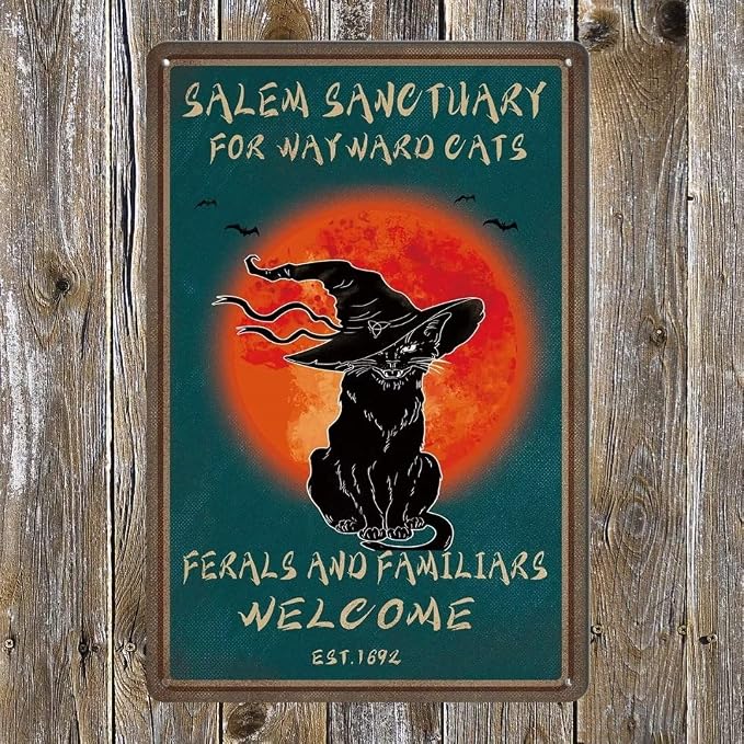 bivrten Vintage Halloween Decor Tin Sign Coffee Black Cat Metal Poster Salem Sanctuary For Wayward Cats Poster Goth Cat Poster Home Coffee Wall Art Decoration Decor Retro Metal Tin Sign 12x8 inch by bivrten