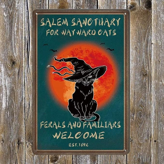 bivrten Vintage Halloween Decor Tin Sign Coffee Black Cat Metal Poster Salem Sanctuary For Wayward Cats Poster Goth Cat Poster Home Coffee Wall Art Decoration Decor Retro Metal Tin Sign 12x8 inch by bivrten
