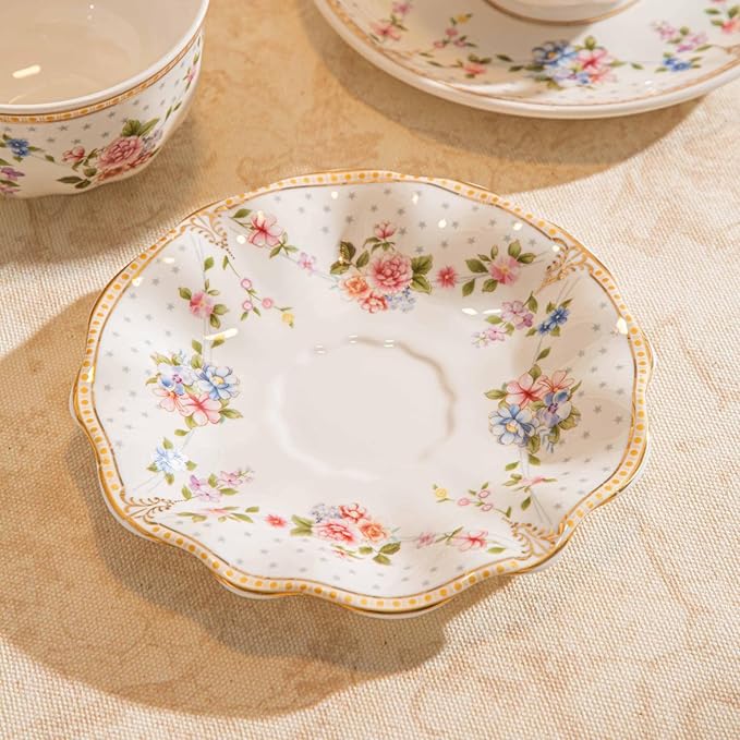 6 oz Vintage flower Ceramic cup and 6" saucer set with Brand customized stainless steel spoon Gifts for Afternoon Tea Coffee Hour(C)