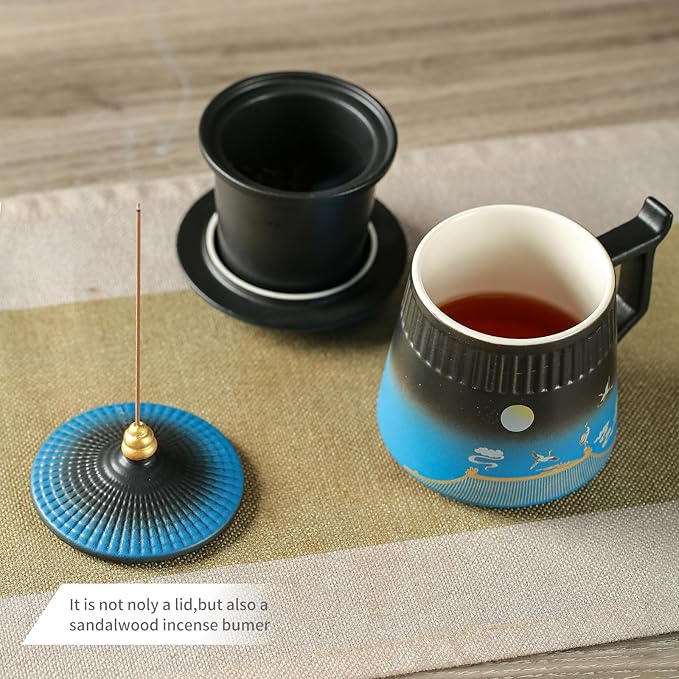 Tea Cup with Infuser and Lid,Loose Leaf Tea Steeper Cup 14.8oz Ceramic tea Infuser Mug Travel Large Steeping Cup Diffusers Mugs with Fine Strainer and Handle (Black&Blue)