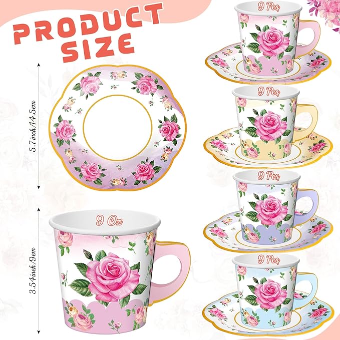 36 Sets Tea Party Decorations 9 oz Floral Paper Tea Cups with Handle and Plates Disposable Blossom Teacups and Saucers Sets for Girls Kids Birthday Garden Wedding Party Supplies(Gradient Mixed Color)