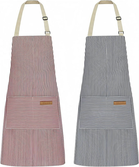 NLUS 2 Pack Kitchen Cooking Aprons, Adjustable Bib Soft Chef Apron with 2 Pockets for Men Women (Blue Pinstripes/Pink Pinstripes)