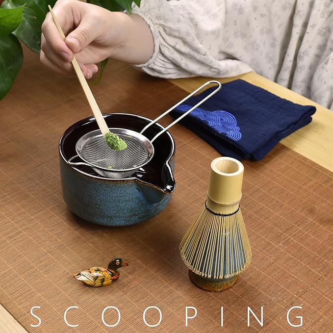 Artcome 7 Pcs Complete Matcha Ceremony Kit for Tea Ceremony, Bowl with Pouring Spout, Whisk, Tea Scoop, Matcha Powder Strainer, Matcha Tea Set For Making Usucha, Koicha and Matcha Latte (Sapphire)