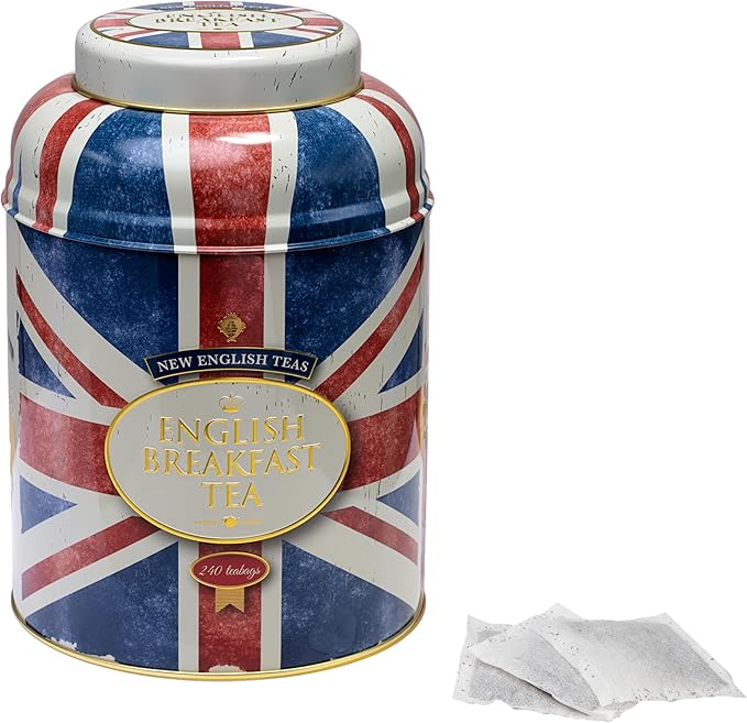 New English Teas Union Jack Large Round Tea Caddy with 240 English Breakfast Teabags