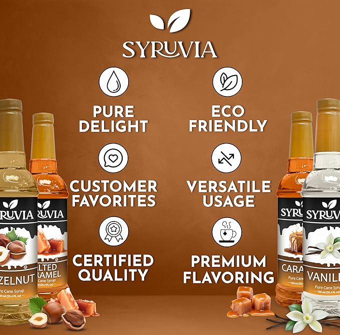 Syruvia Coffee Syrup Variety Pack Vanilla, Caramel, Hazelnut & Salted Caramel Kosher, 25.4 fl oz bottles - Elevate Your Coffee Experience!