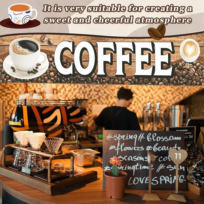 Tegeme Large Coffee Banner Sign Coffee Shop Banner Flag 2x10 Ft/ 24 x 120 Inch Oxford Fabric Cafe Business Sign for Easy Hang Indoor Outdoor