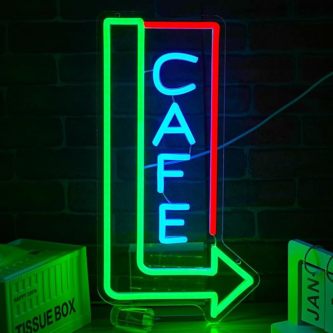 Cafe Neon Sign for Wall Decor 16.14’’*8.46’’ Attracting Coffee Shop Light Up Sign Dimmable Usb Green Right Arrow Led Light Sign for Living Room Restaurant Bistro Man Cave Coffee Bar Party