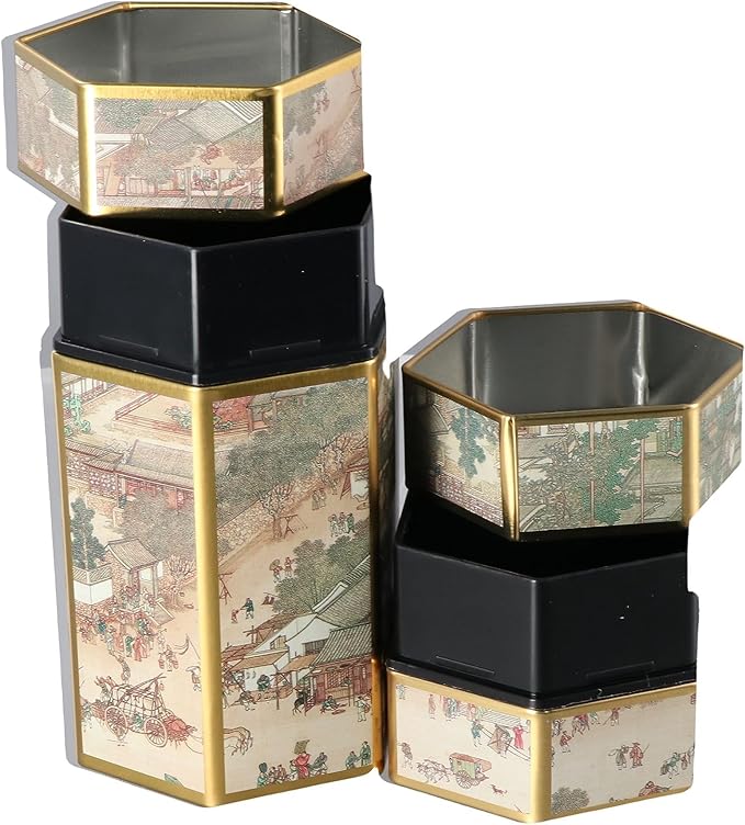 Leadigol 2pcs Tea Tin Canister Metal Tea Jar Tinplate Tin Can, Small Tea Box, Empty Tea Storage Container, Hexagonal Tea Organizer with Airtight Lid for Loose Tea Leaf Coffee Bean Nut