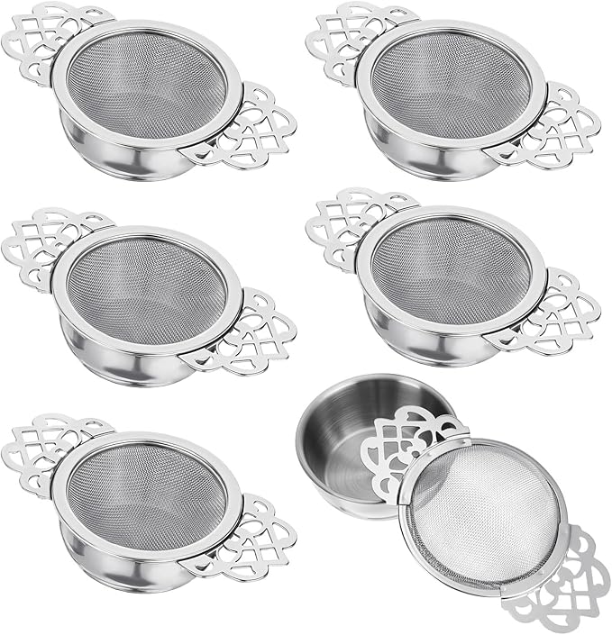 6 Pack Tea Filter Strainers Stainless Steel Loose Tea Infusers 2.5 Inch Tea Steeper with Double Wing Extender and Drip Bowl Sliver Small Fine Mesh Tea Strainers for Loose Tea Juice Coffee Filter