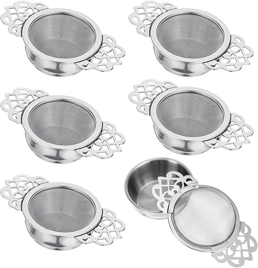 6 Pack Tea Filter Strainers Stainless Steel Loose Tea Infusers 2.5 Inch Tea Steeper with Double Wing Extender and Drip Bowl Sliver Small Fine Mesh Tea Strainers for Loose Tea Juice Coffee Filter