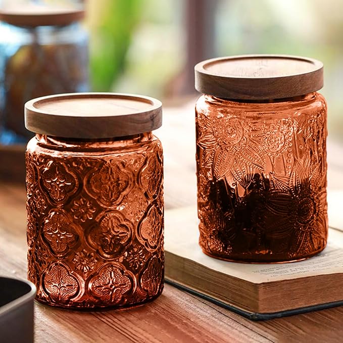 Glass Jar with Lid, Vintage Glass Storage Jars with Airtight Lid Coffee Canister Sugar Container for Kitchen Counter Pantry, Flour, Candy, Tea, Coffee Beans, Oats (Begonia Sunflower Brown)