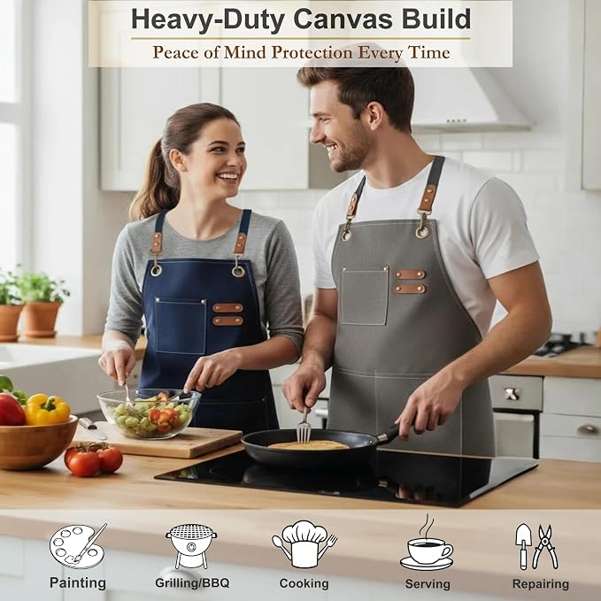 Aprons for Men Women with 3 Pockets, 16oz Cotton Canvas Chef Apron | Crossback Heavy Duty Kitchen Apron for Cooking, Durable Work Apron for Grilling, Baking, Hairstylist, Bartender, Barista, Art - Image 3