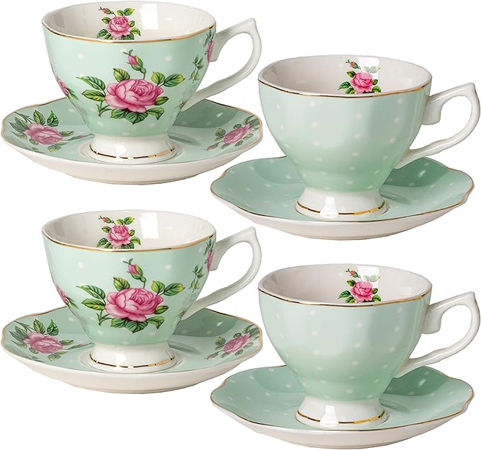 BTaT- Floral Tea Cups and Saucers, Set of 4, 8 oz, Fine Porcelain Teacup Set with Gold Trim for Afternoon Tea, Weddings, Parties & Gifting, Dishwasher Safe, Lightweight, Non-Toxic