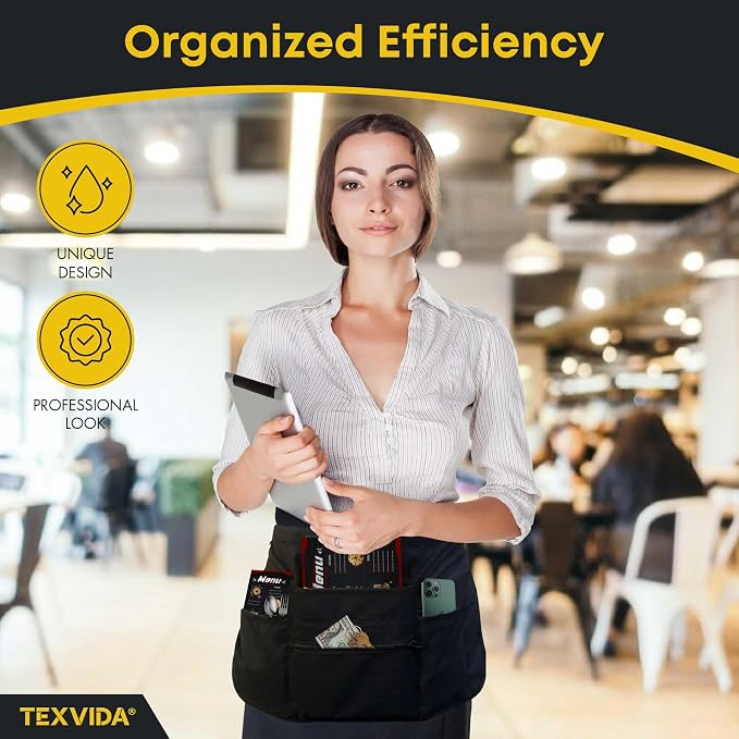 7 Pockets Server Apron with Buckle Closure & Zippered Money Pouch – Stain Resistant, Black Waitress Apron - Image 5