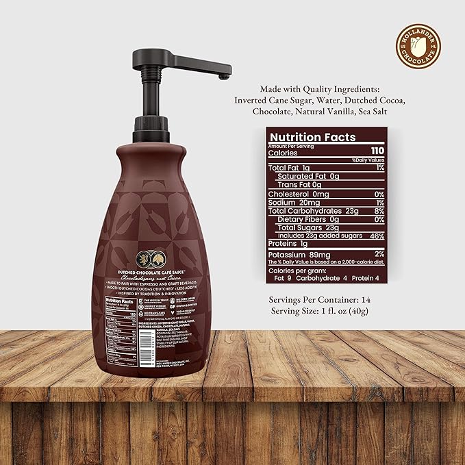Dutched Chocolate Café Sauce™ by Hollander Chocolate Co. | Perfect for the Professional or Home Barista | Rainforest Alliance Certified | Net Wt. 89 oz (64 fl. Oz.) Large Bottle (PUMP Included)