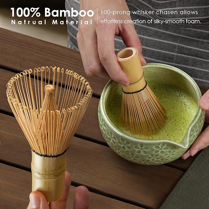 7Pcs Matcha Whisk Set, Matcha Set Whisk and Bowl,Bamboo Scoop, Scoop Rest, Sifter and Tea Towel, Matcha Kit W/Carved Cherry Blossm Pattern for Matcha Lovers (Sakura Green)