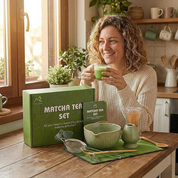 Matcha Whisk Set 9 Pcs | 19oz Ceramic Matcha Bowl with Bamboo Whisk & Holder, Sifter, Chashaku Scoop, Wooden Spoon, Scoop Rest, Tea Towel & Gift Box | Complete Matcha Set Kit for Matcha Lovers
