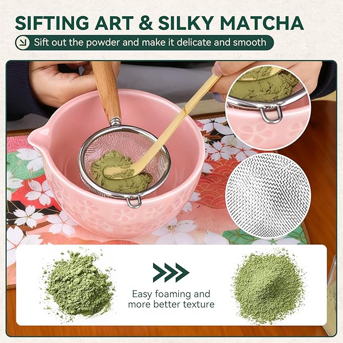 Sakura Matcha Whisk Set, 8 PCS Japanese-Style Matcha Kit with Cherry Blossom Matcha Bowl, Bamboo Whisk & Holder, Scoop, Spoon Rest, Wooden-Handle Sifter & Gift Box for Matcha Lovers (Pink)