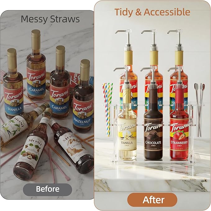 Coffee Syrup Organizer with Straw Holders, 2-Tier Acrylic Syrup Rack (6 Bottles), Anti-Slip Coffee Bar Storage with Side Straw Boxes for Syrups, Wine, Dressings on Kitchen Countertop