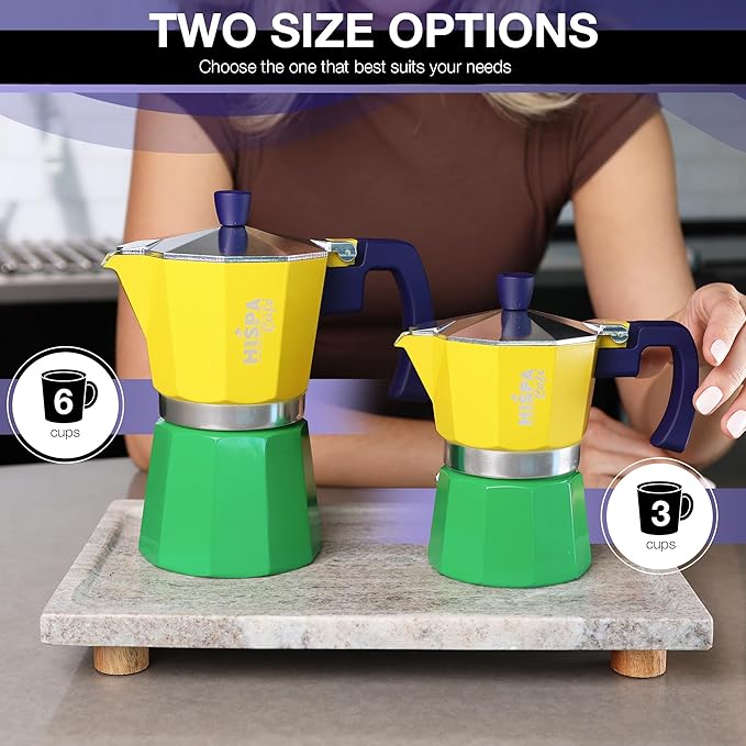 Stovetop Espresso Coffee Maker Moka Pot, 3 Espresso Cups (6 oz.), Aluminum, Silver, Green, Blue and Yellow, Brazil Themed, Cafeteira, Cafetera