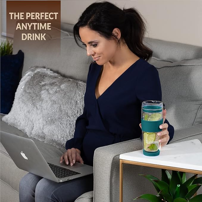Tupkee Double Wall Glass Tumbler - 14-Ounce, All Glass Reusable Insulated Tea/Coffee Mug & Lid, Hand Blown Travel Mug - Cyan