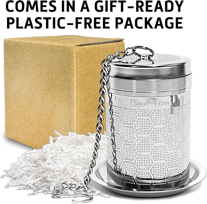Sou Zen Tea Infuser (Single Pack) | Extra Fine Hex Mesh Loose Leaf Tea Strainer | 304 Stainless Steel Tea Steeper with Extended Chain Hook | Ideal for Brewing Loose Leaf Tea, Herbs & Spices