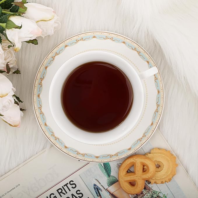 fanquare Blue Lace Teacup and Saucers Set with Gold Trim, Bone China British Coffee Cups and Saucers for Afternoon Tea Coffee Party Gifts