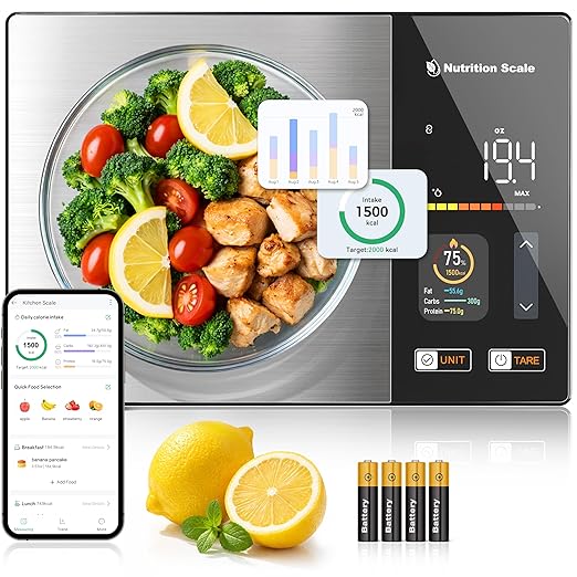 Smart Food Scale with Nutritional Calculator, Calorie Scale for Weight Loss, Free App for Scan, Nutrients Tracking, Food Preload, Color Display with 5 Units, Tare, Stainless Steel, 11lb, Grey