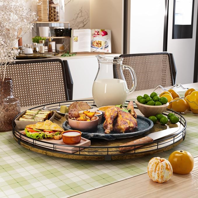 Lazy Susan Turntable Organizer for Table Top, 21’’ Round Wooden Lazy Susan for Cabinet Kitchen Countertop Pantry Dining Coffee Table for Condiments Spices, Rustic Bathroom Vanity Tray for Soap Candle - Image 4